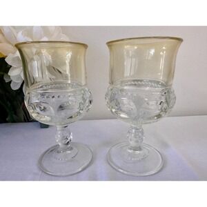 Vintage Pair of King's Crown Thumbprint Goblets with Rare Pale Yellow Flash Rim
